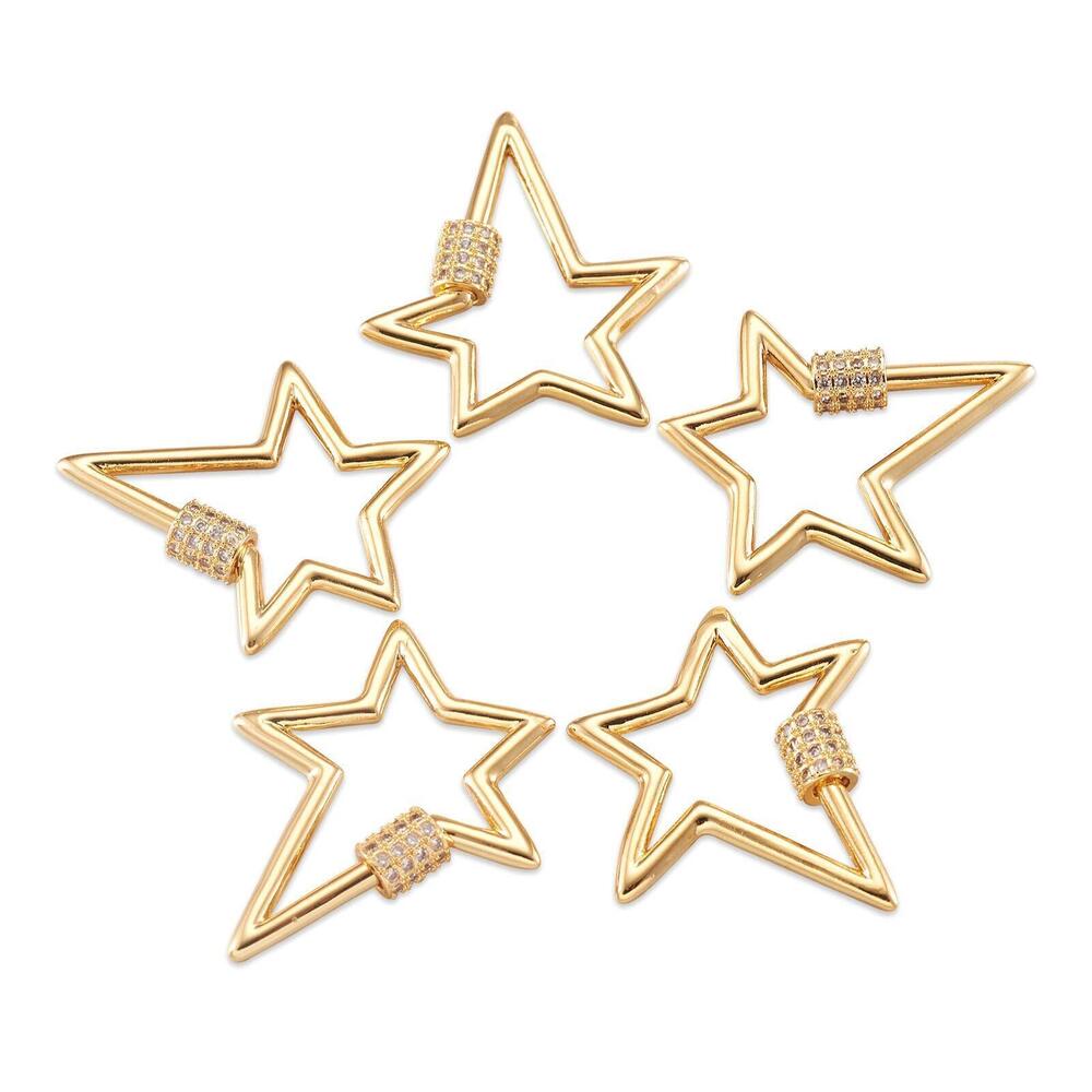 4103 5Pcs Brass Cubic Zirconia Screw Carabiner Lock Charms Golden Star